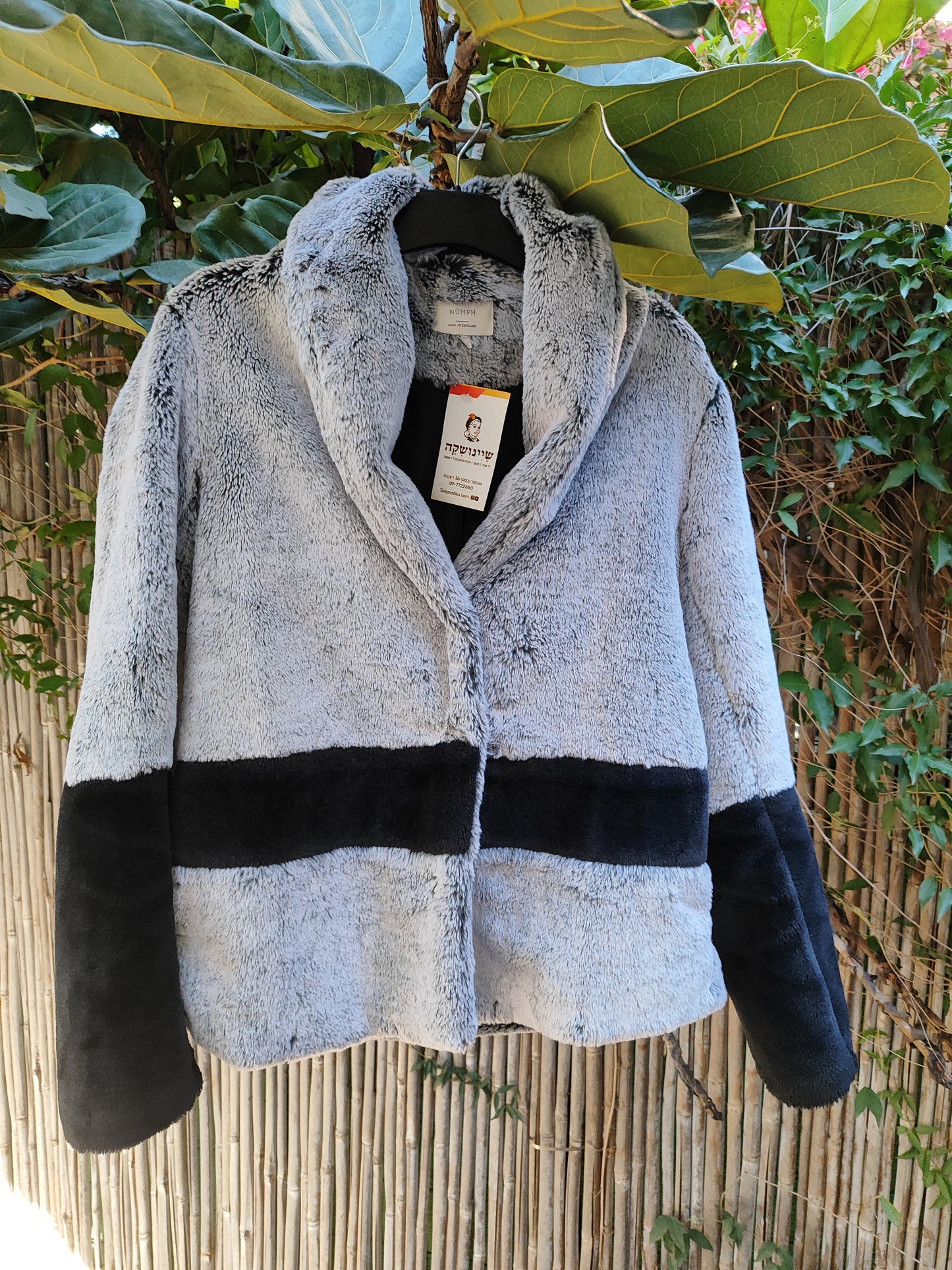 מעיל פרוותי פלפיי אפור-שחור בפס חוצה - Image 6