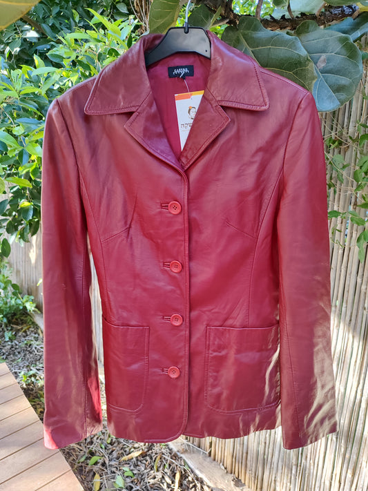 ג'קט עור בורדו קלאסי כיסים מרובעים - Image 2 by Castro