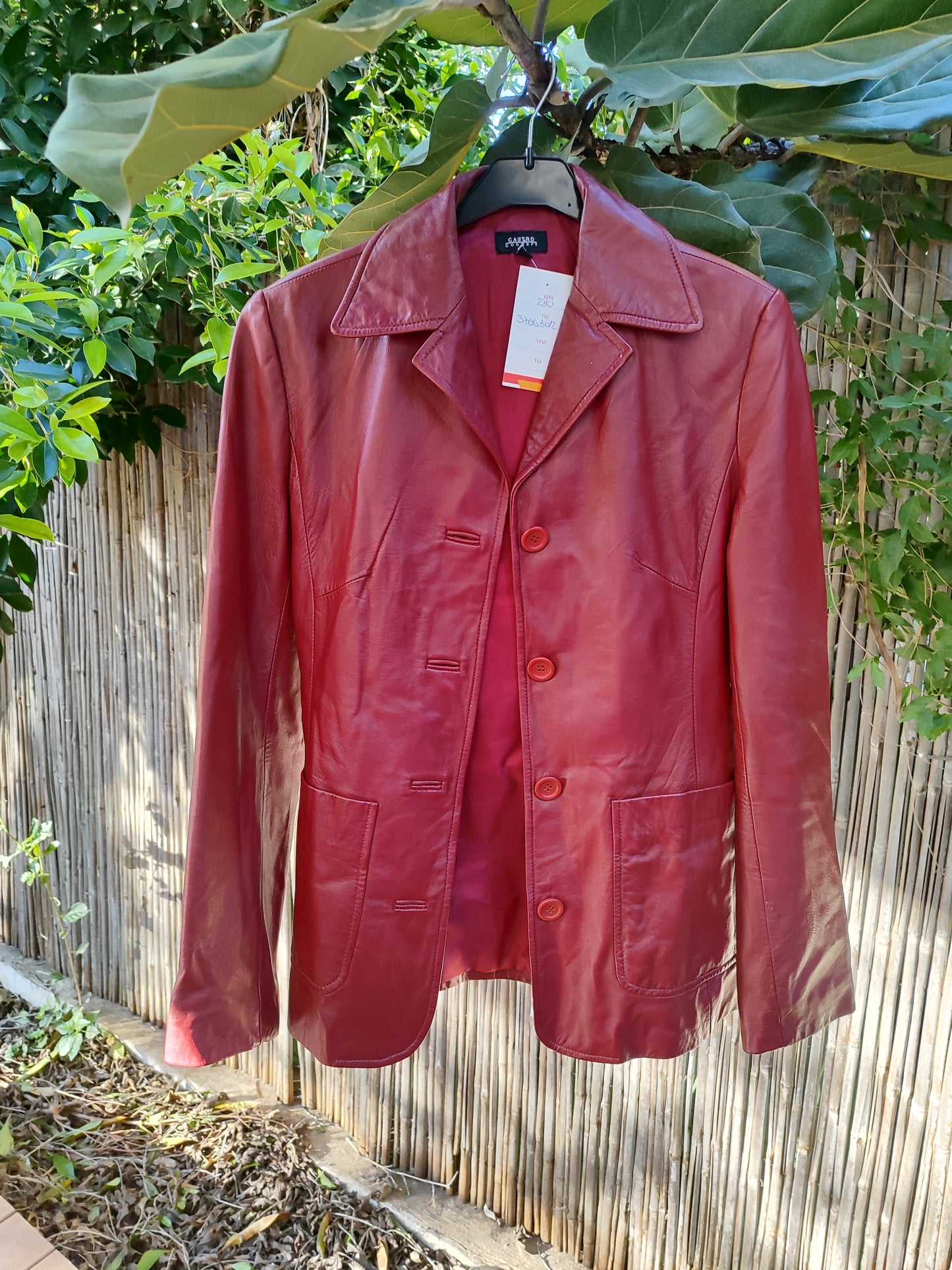 ג'קט עור בורדו קלאסי כיסים מרובעים - Image 3 by Castro