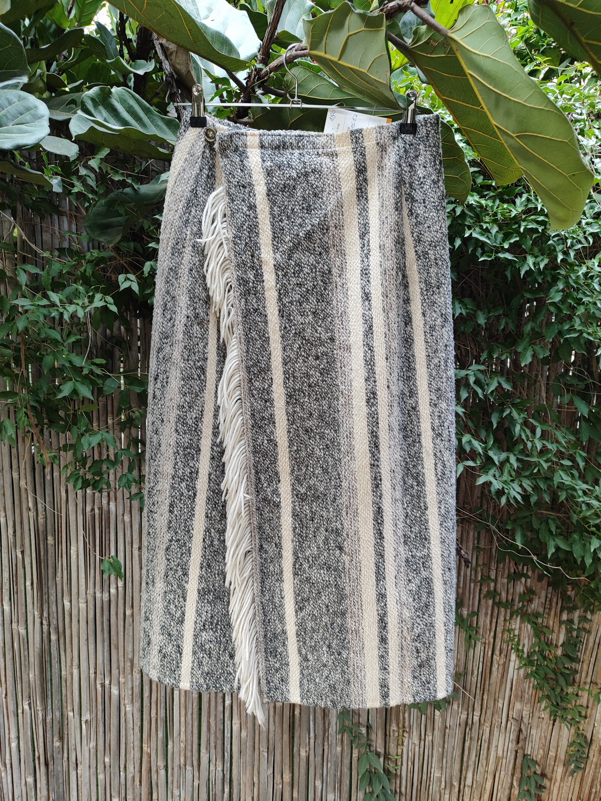 חצאית מעטפת פסים צמר וינטג'ית אפור לבן בפרזים - Size M