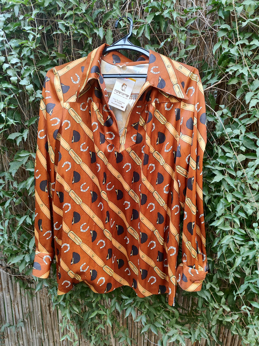 חולצה וינטג' חומה דוגמת פרסות מידה m - Image 4