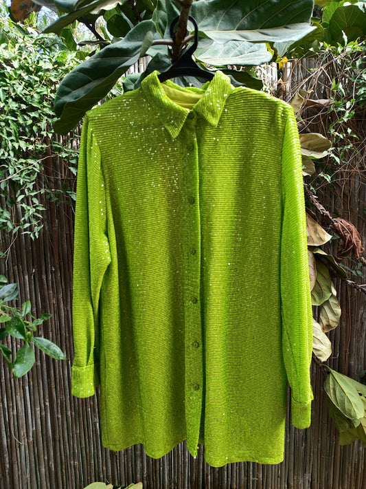 חדש. חולצה ירוקה ארוכה מכופתרת מנצנצת בפייטים  by דנה סידי - Size M-L