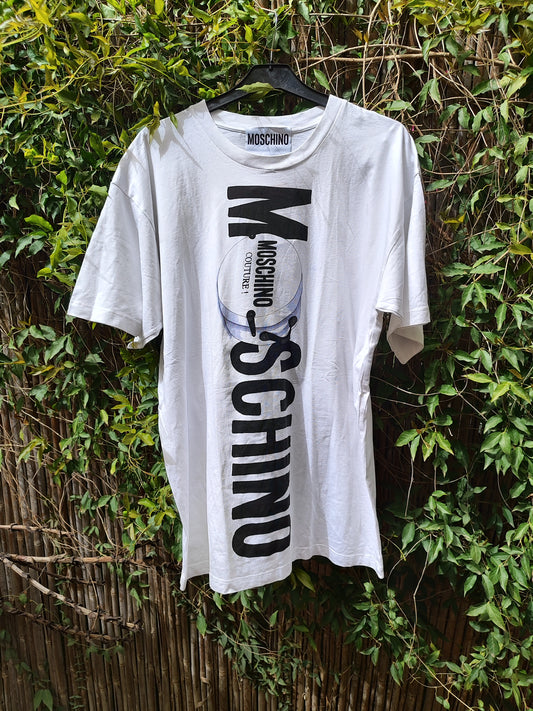טי שירט לבנה בלוגו שחור אנכי Moschino by Moschino - Size L