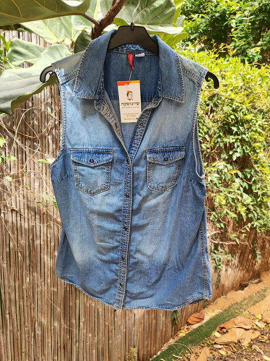 חולצת ג'ינס מכופתרת ללא שרוולים קלאסית - Image 3 by H&M