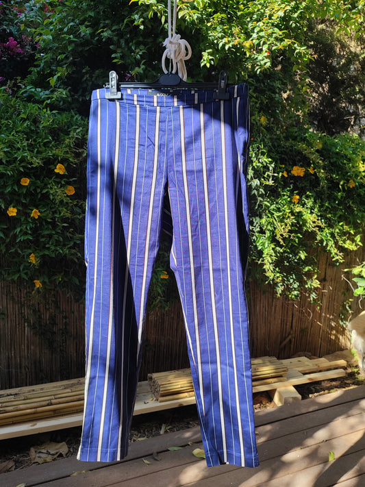 מכנסיים  אלגנטים כחולים פסים לבנים אדום דק by Golf - Size L -היקף מותן 96 ס"מ 